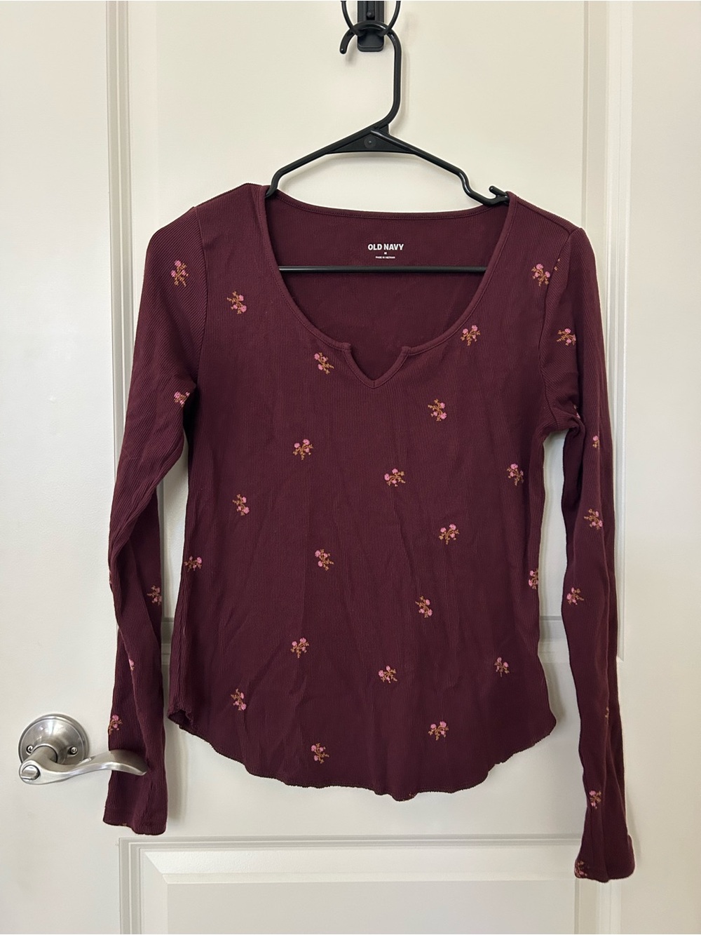 Old Navy Women's Burgundy Long-Sleeve V-Neck Top with Pink Floral Embroidery